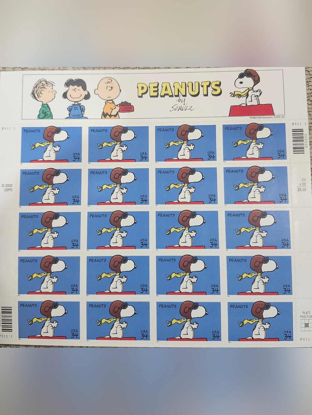 Peanuts Snoopy Stamp Sheet, Unused US 34 Cent Stamps, 20 Stamps